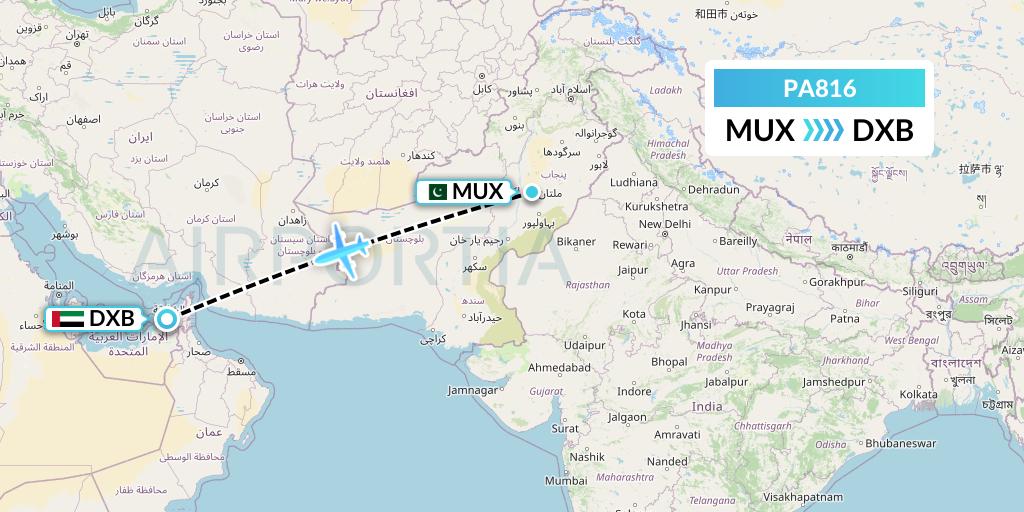 PA816 AirBlue Flight Map: Multan to Dubai