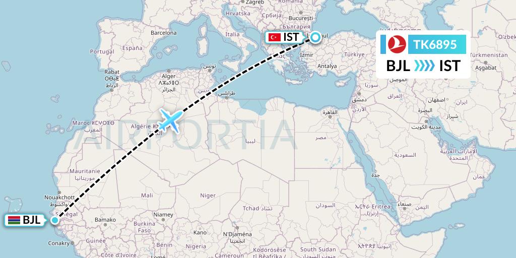 TK6895 Turkish Airlines Flight Map: Banjul to Istanbul
