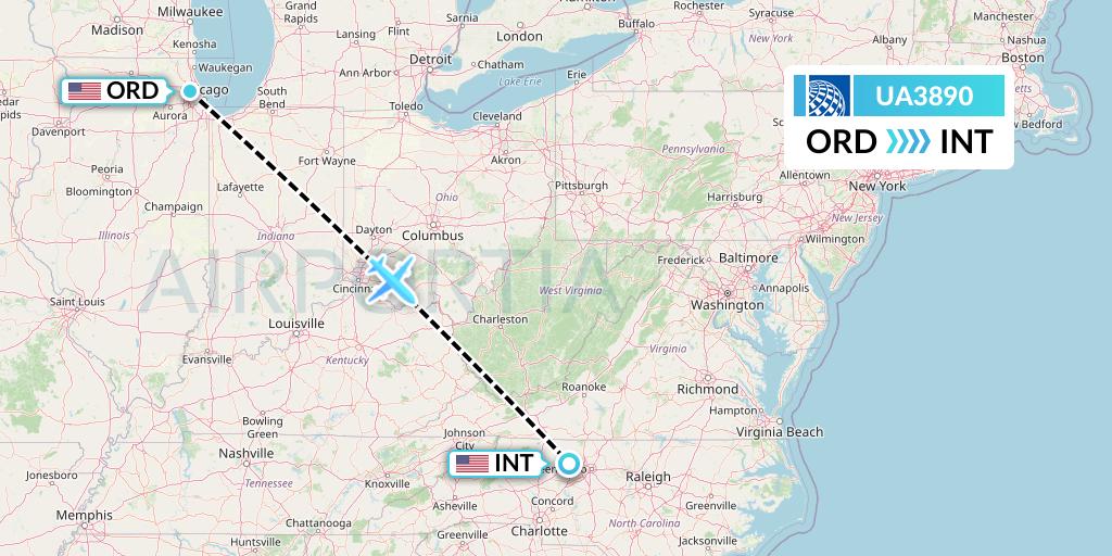 UA3890 United Airlines Flight Map: Chicago to Winston-Salem