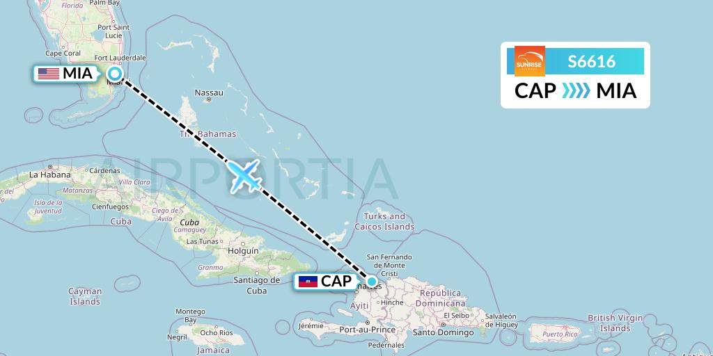 S6616 Sunrise Airways Flight Map: Cap-Haitien to Miami