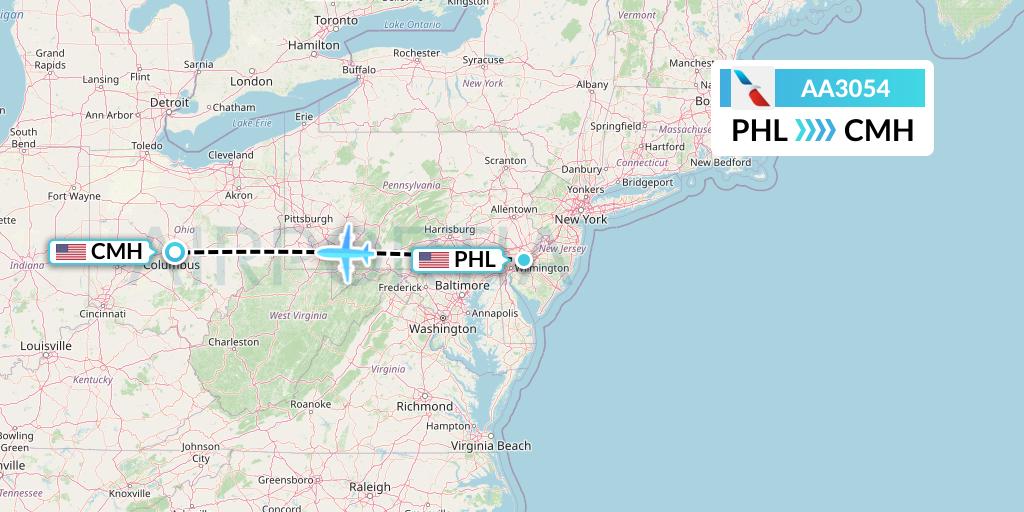 AA3054 American Airlines Flight Map: Philadelphia to Columbus