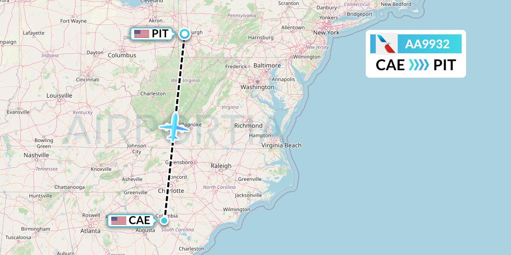AA9932 American Airlines Flight Map: Columbia to Pittsburgh