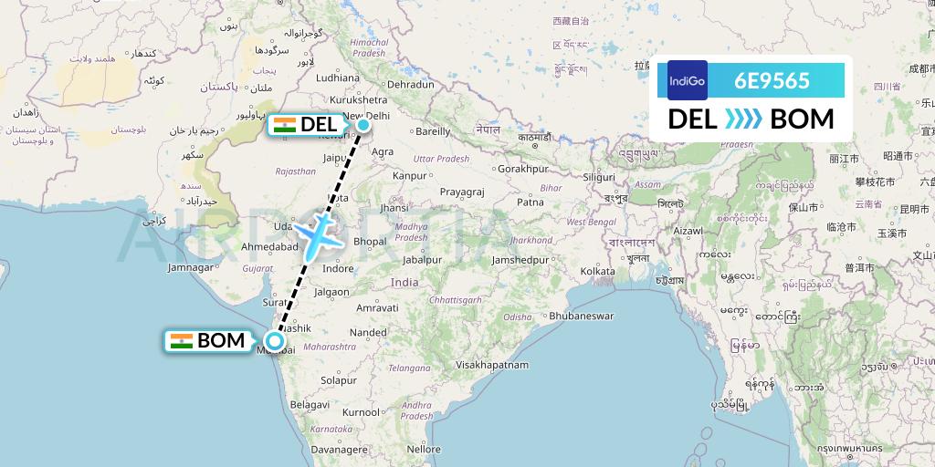 6E9565 IndiGo Airlines Flight Map: Delhi to Mumbai
