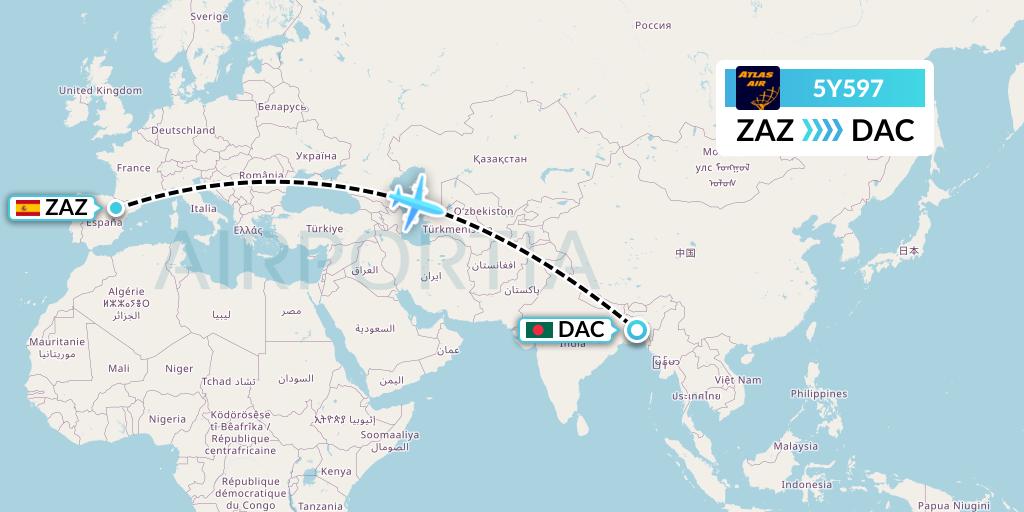 5Y597 Atlas Air Flight Map: Zaragoza to Dhaka