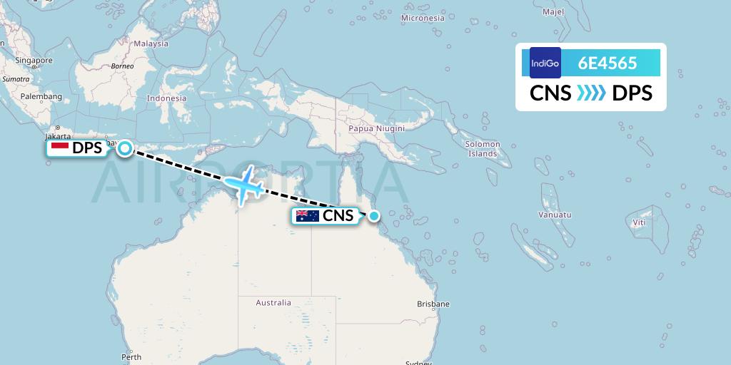 6E4565 IndiGo Airlines Flight Map: Cairns to Denpasar