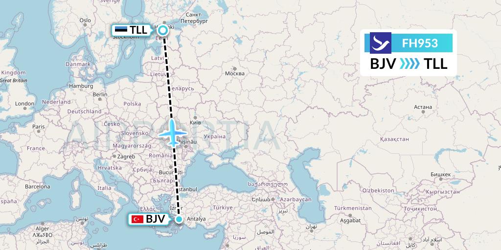 FH953 Freebird Airlines Flight Map: Bodrum to Tallinn