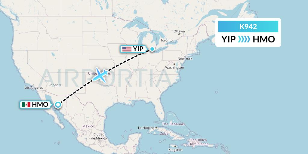 K942 Kalitta Charters Flight Map: Detroit to Hermosillo