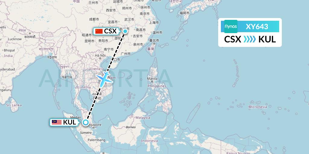 XY643 Flynas Flight Map: Changsha to Kuala Lumpur
