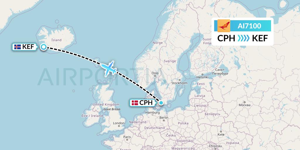 AI7100 Air India Flight Map: Copenhagen to Reykjavik