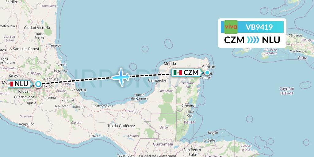 VB9419 VivaAerobus Flight Map: Cozumel to Reyes Acozac