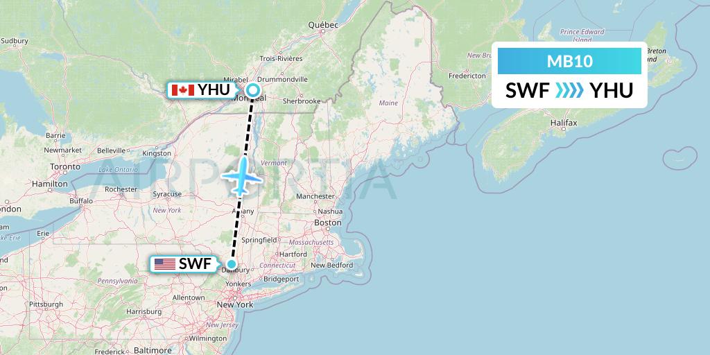 MB10 MNG Airlines Flight Map: Newburgh to Montreal