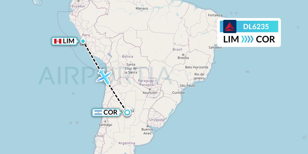 DL6235 Delta Air Lines Flight Map: Lima to Cordoba