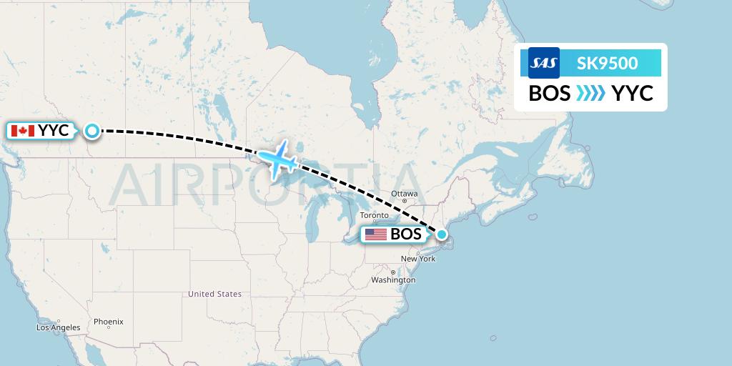 SK9500 SAS Flight Map: Boston to Calgary
