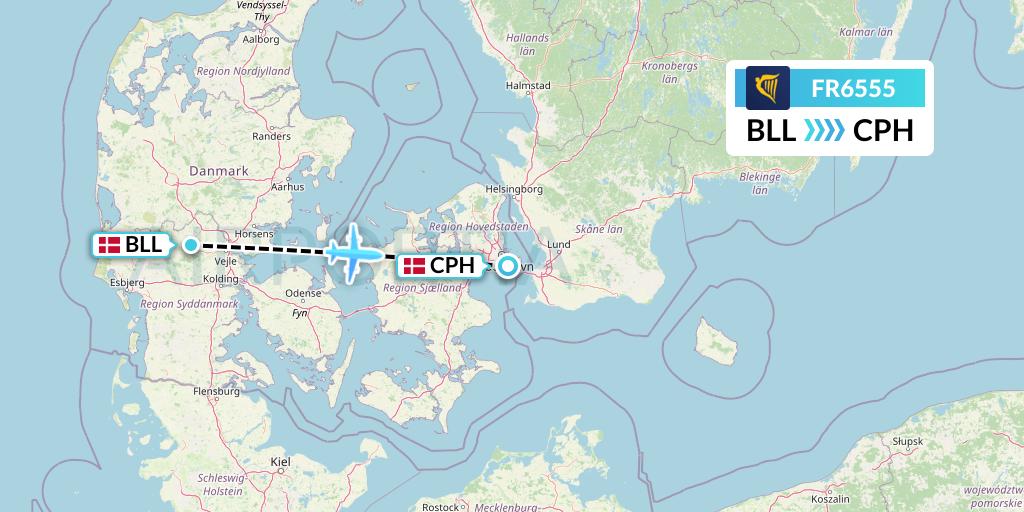 FR6555 Ryanair Flight Map: Billund to Copenhagen