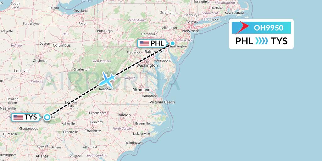 OH9950 PSA Airlines Flight Map: Philadelphia to Knoxville