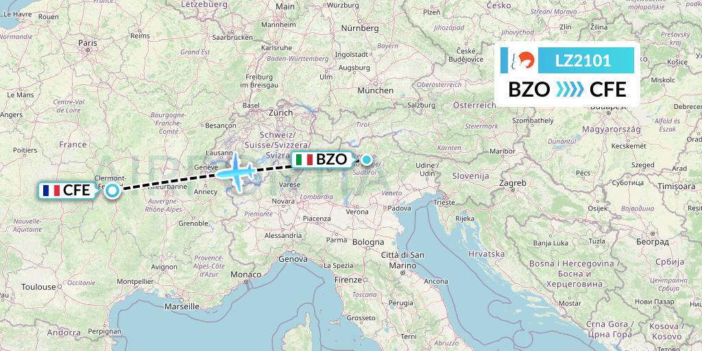 LZ2101 Air Link Flight Map: Bolzano to Clermont-Ferrand