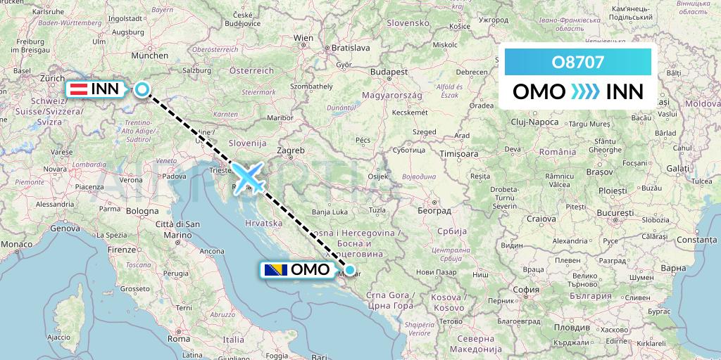 O8707 Siam Air Flight Map: Mostar to Innsbruck