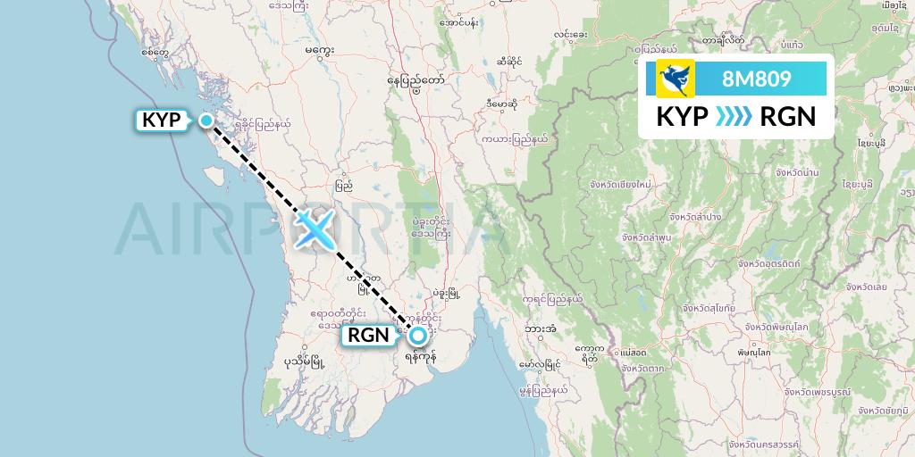 8M809 Myanmar Airways International Flight Map: Kyaukpyu to Yangon