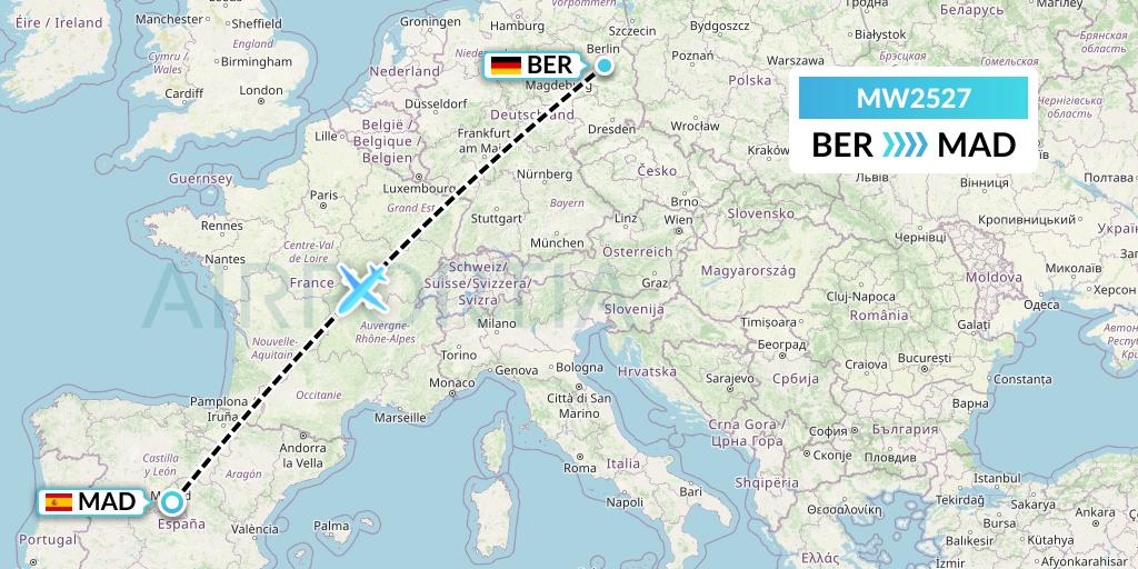MW2527 Mokulele Flight Service Flight Map: Berlin to Madrid