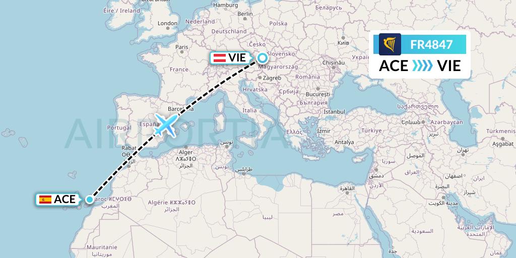 FR4847 Ryanair Flight Map: Lanzarote to Vienna