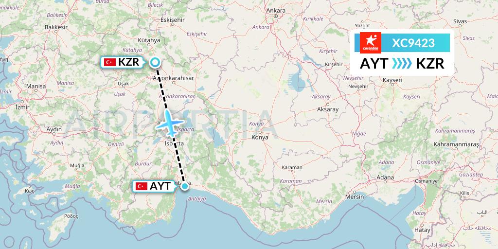 XC9423 Corendon Airlines Flight Map: Antalya to Kutahya