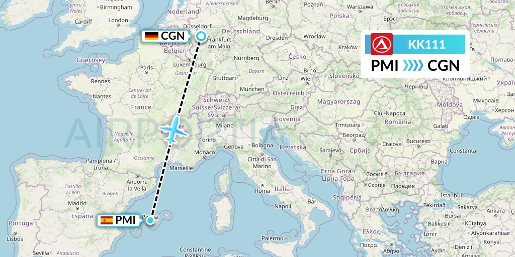 KK111 Atlasjet Flight Map: Palma de Mallorca to Cologne