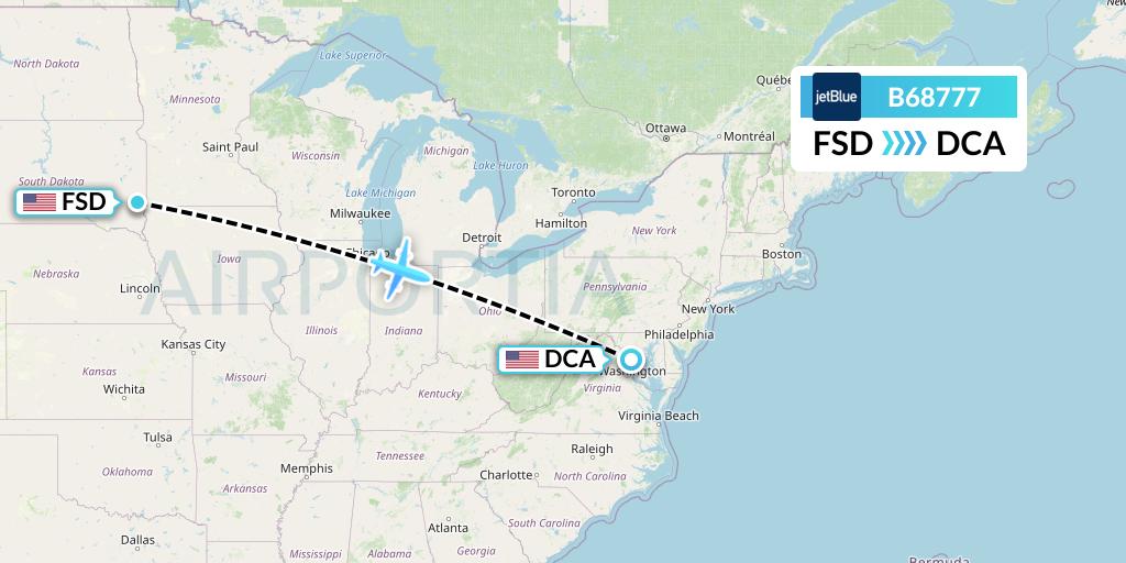 B68777 JetBlue Airways Flight Map: Sioux Falls to Washington