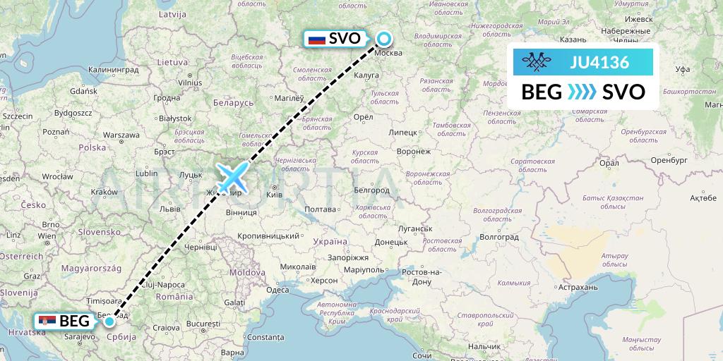 JU4136 AirSERBIA Flight Map: Belgrade to Moscow