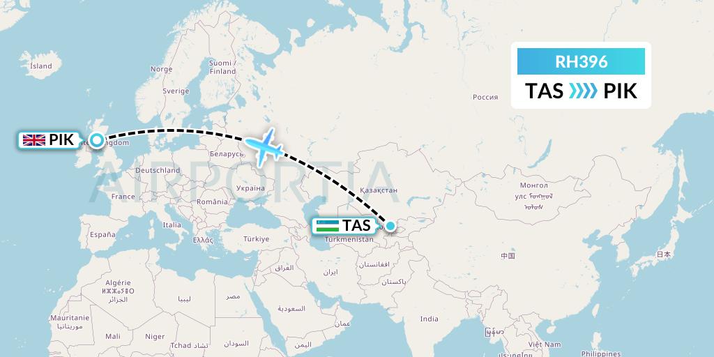 RH396 Republic Express Airlines Flight Map: Tashkent to Prestwick