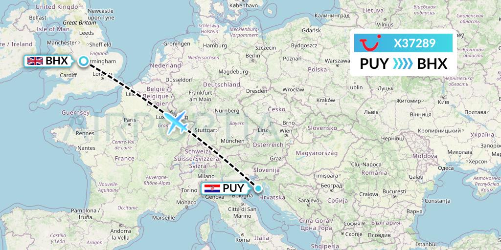 X37289 TUI fly Germany Flight Map: Pula to Birmingham