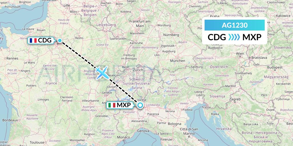 AG1230 Aruba Airlines Flight Map: Paris to Milan