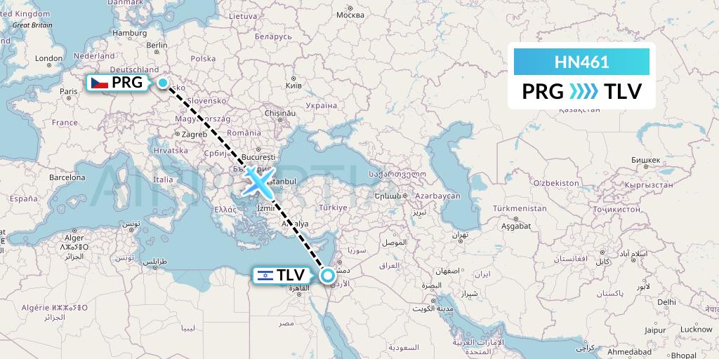 HN461 Uab Heston Airlines Jsc Heston Airl Flight Map: Prague to Tel Aviv