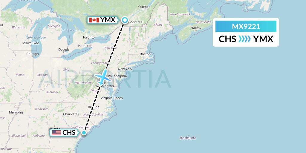 MX9221 Breeze Airways Flight Map: Charleston to Montreal