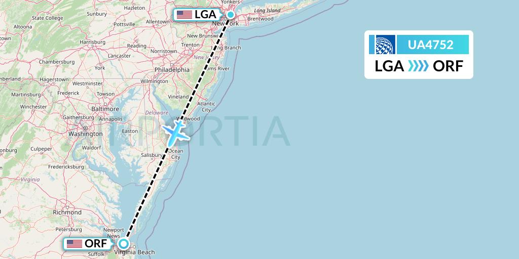 UA4752 United Airlines Flight Map: New York to Norfolk