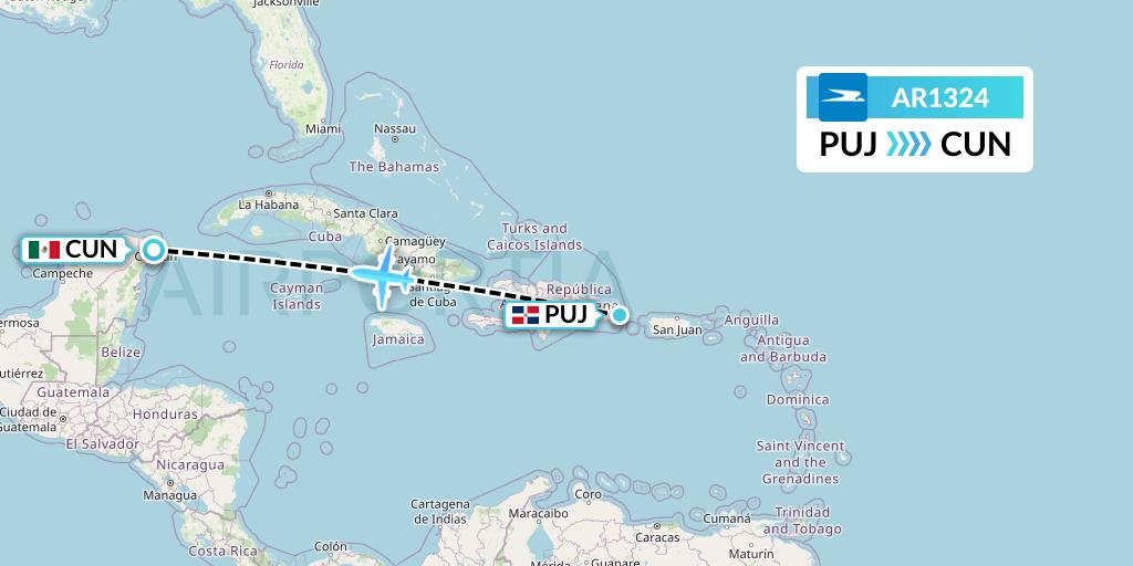 AR1324 Aerolineas Argentinas Flight Map: Punta Cana to Cancun