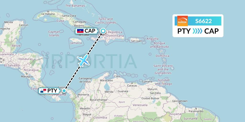 S6622 Sunrise Airways Flight Map: Panama City to Cap-Haitien