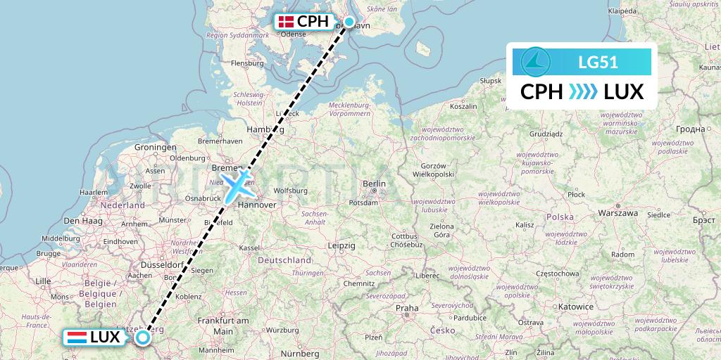 LG51 Luxair Flight Map: Copenhagen to Luxembourg