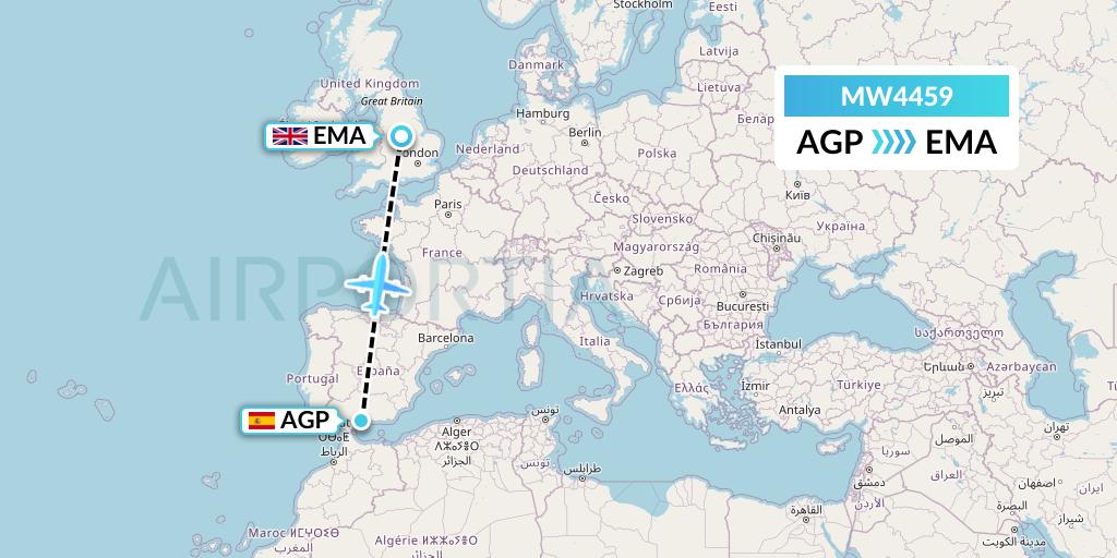 MW4459 Mokulele Flight Service Flight Map: Malaga to East Midlands