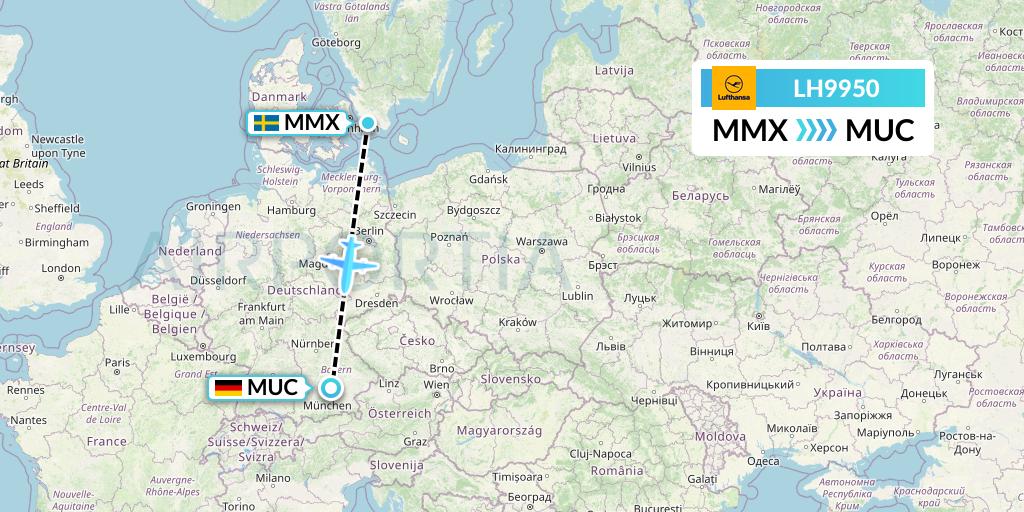 LH9950 Lufthansa Flight Map: Malmo to Munich