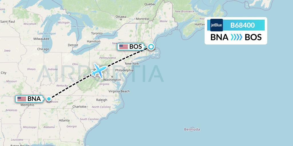 B68400 JetBlue Airways Flight Map: Nashville to Boston