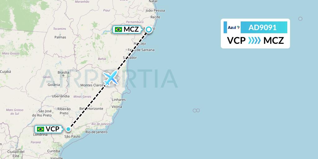 AD9091 Azul Brazilian Airlines Flight Map: Campinas to Maceio