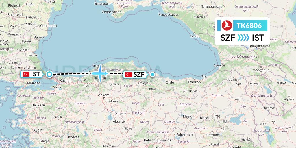 TK6806 Turkish Airlines Flight Map: Samsun to Istanbul