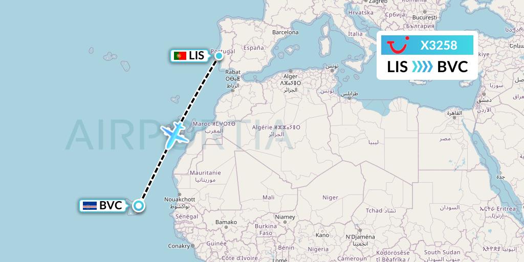 X3258 TUI fly Germany Flight Map: Lisbon to Boa Vista