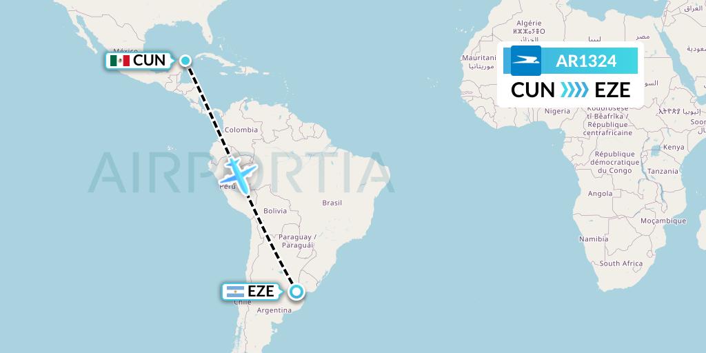AR1324 Aerolineas Argentinas Flight Map: Cancun to Buenos Aires