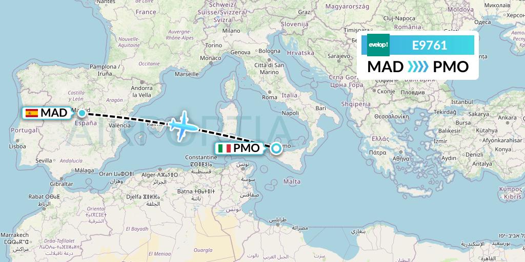 E9761 Evelop Airlines Flight Map: Madrid to Palermo