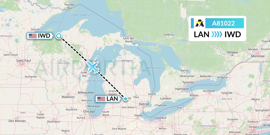 A81022 Aerolink Uganda Flight Map: Lansing to Ironwood