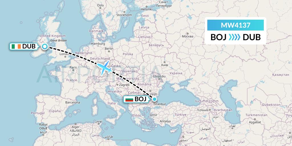 MW4137 Mokulele Flight Service Flight Map: Burgas to Dublin