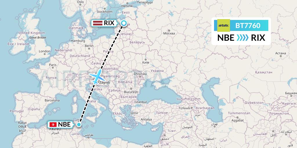 BT7760 Air Baltic Flight Map: Enfidha to Riga