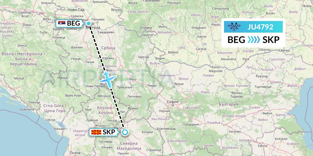 JU4792 AirSERBIA Flight Map: Belgrade to Skopje