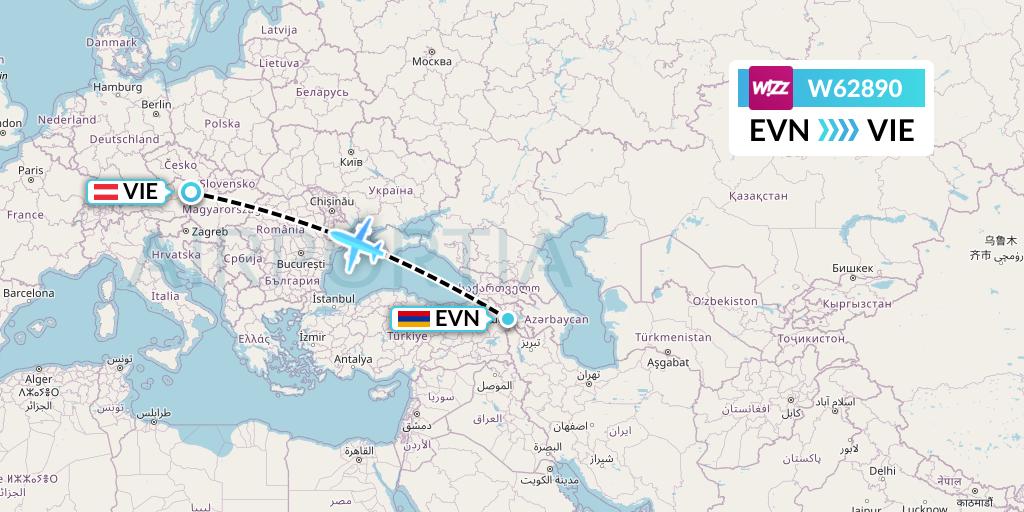 W62890 Wizz Air Flight Map: Yerevan to Vienna